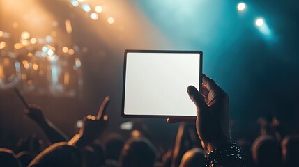One hand held a square whiteboard. Concert scene