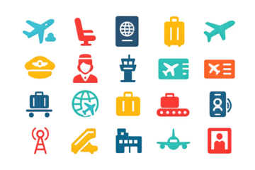 Airport and Aviation Icon Set - Travel, Flight, and Airport Services  on transparent background 