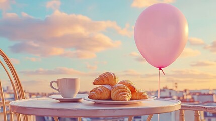 photo of a table in Paris with a cup of aromatic hofe and a mountain of small croissants in a plate, a balloon tied to a chair, pink clouds in the sky.