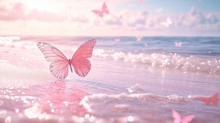 Pink water, pink butterflies flying on the beach, light tones, transparent and sparkling water ripples, shiny light pink butterfly with wings, light white sand 