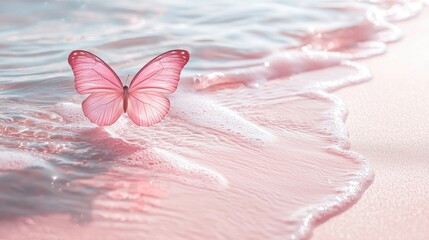 Pink water, pink butterflies flying on the beach, light tones, transparent and sparkling water ripples, shiny light pink butterfly with wings, light white sand 