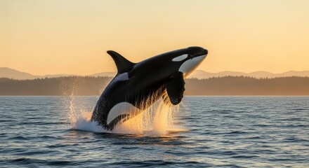 Fototapeta premium Orca leaps from ocean at sunset, with forest hills in the background