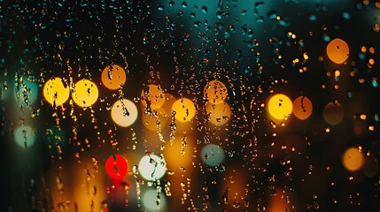 Raindrops glistening on a window with a blurry outdoor view.