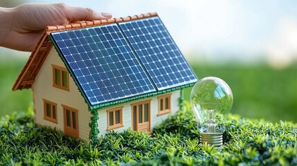 renewable energy light bulb with green energy, Earth Day or environment protection Hands protect forests that grow on the ground and help save the world, solar panels