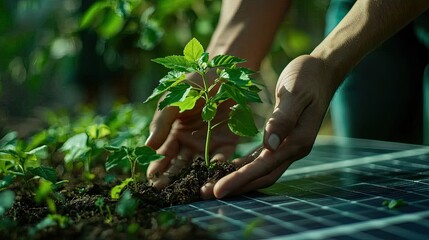 renewable energy light bulb with green energy, Earth Day or environment protection Hands protect forests that grow on the ground and help save the world, solar panels