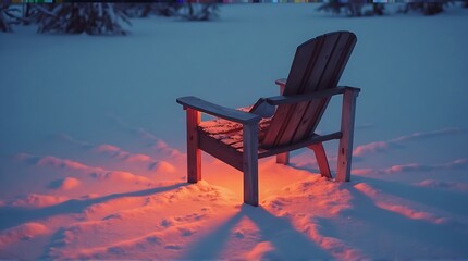 Fototapeta premium Rustic Adirondack Chair Bathed in Golden Light on Snowy Ground