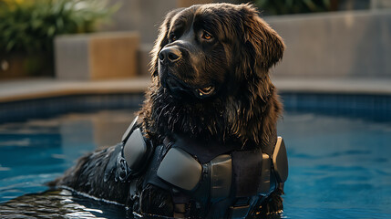Newfoundland dog with deep-ocean-resistant tech and adaptive skin panels 