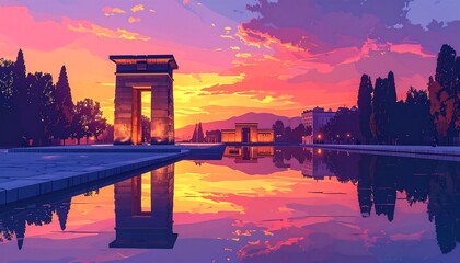 Sunset over ancient monument reflected in water