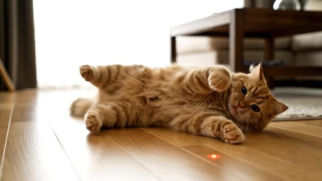 Playful Ginger Cat Chasing Laser Pointer on Wooden Floor