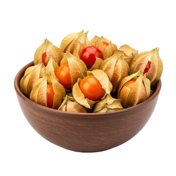 A close-up shot of a brown bowl filled with golden berries, showcasing their unique appearance.