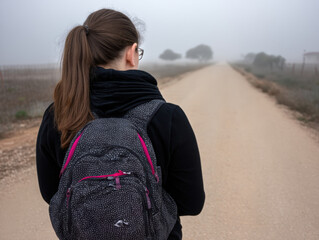 Young woman with backpack walks on foggy country road breathing quietly and feeling calm