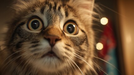 驚いた表情の猫のアップ写真。動物関連の資料やペット紹介に最適な素材。