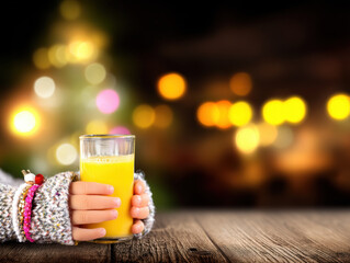 Child hand holding glass of orange juice on wooden table with warm festive bokeh lights and cozy sweater
