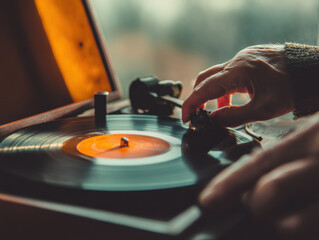 Naklejka premium Warm vintage vinyl record player with hand placing needle on spinning black record evoking nostalgic calm