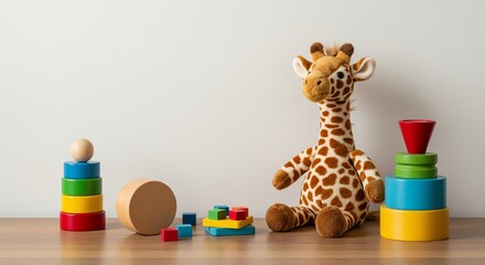 Obraz premium Giraffe toy with stacking blocks and wooden cylinder