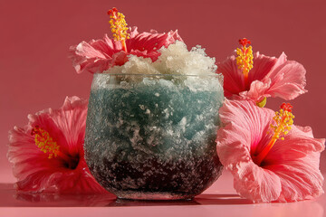 Blueberry hibiscus juice with crushed ice and pink hibiscus flower garnishes, vibrant tropical beverage with floral splash and cool appetitive mood