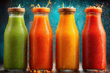 Fresh green juice, bright orange carrot juice, golden mango juice and vibrant red beet juice in chilled glass bottle with wooden cap, splash droplets and appetitive energetic mood