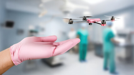 Gloved technician pink gloved hand micro drone robot healthcare delivery bright futuristic lab cinematic ultra realistic marketing campaign