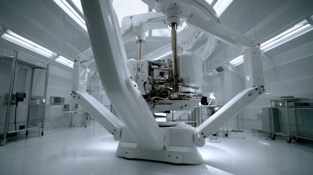 Futuristic healthcare robot surgery assistant surgical robot operating room robotic arm medical device sterile environment white interior clean technology clinical equipment