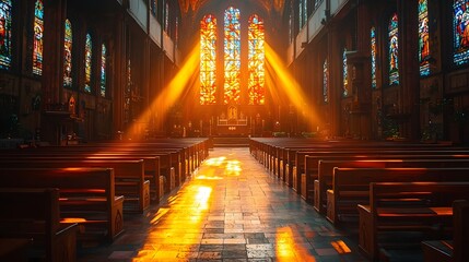 Golden sunbeams pierce through ornate stained glass illuminating the peaceful interior of a historic church