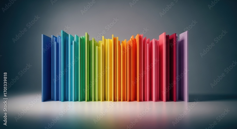Poster rainbow array standing colorful, thin sheets casting shadows on white surface