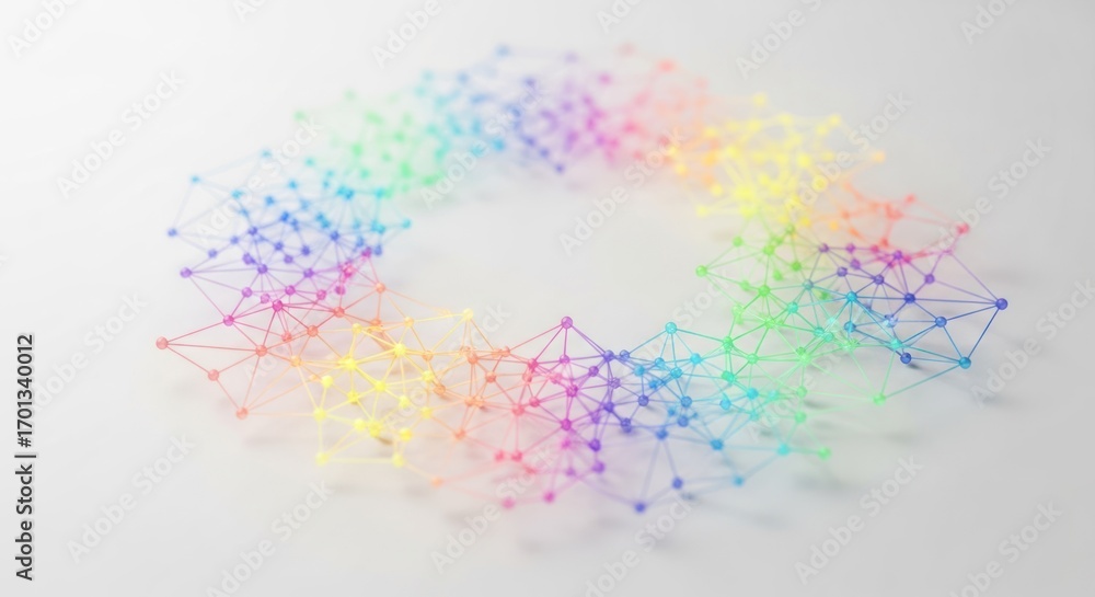 Poster rainbow-hued dots connected by lines forming a circular network on white