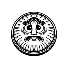 Sad sun face with furrowed brow in black and white