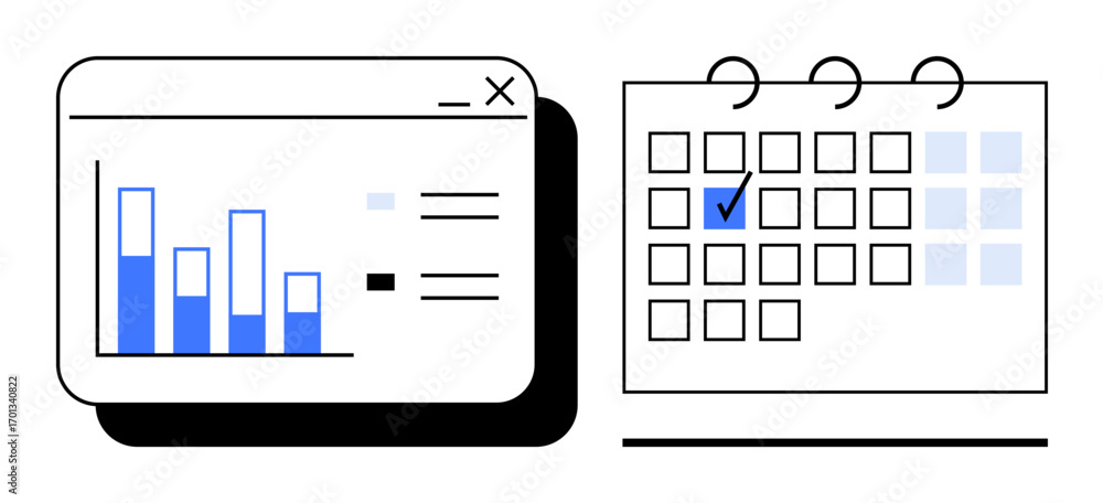 Aufkleber bar chart analytics and date tracking on calendar with task or event checkbox marked. ideal for plan