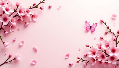 Fototapeta premium Spring Cherry Blossom Frame with Butterfly and Petals