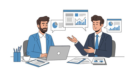 Two professional businessmen discussing data analytics, charts, and financial reports in a flat vector illustration.