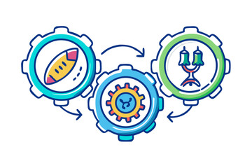 Three gears interlocking with arrows showing process flow