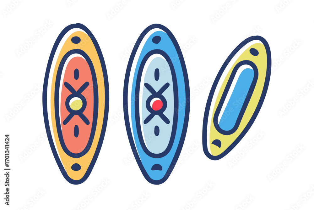 Poster three colorful kayaks with simple patterns