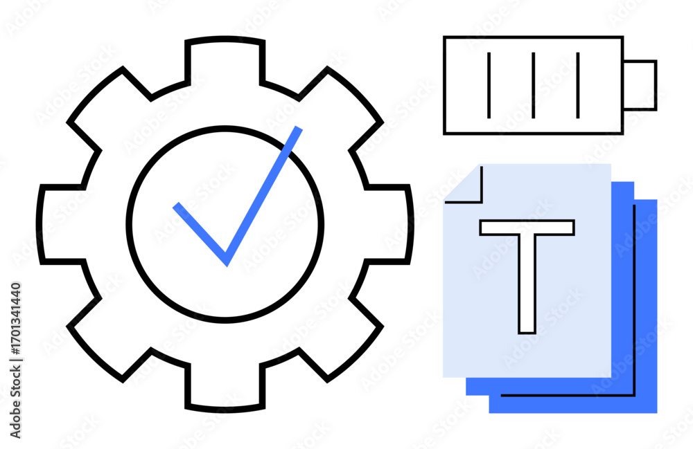 Aufkleber gear with checkmark for efficient operation, battery icon for energy, and text document stack for in