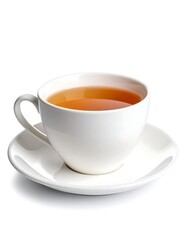Hot teacup, saucer, white background, studio