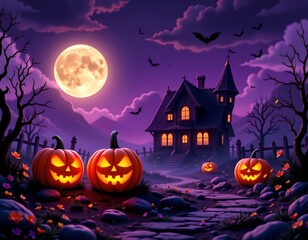 Spooky Halloween Night Scene with Haunted House and Lanterns