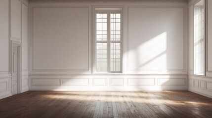 Obraz premium living. Minimalist living space with wooden floors and white walls, bathed in soft natural light for a tranquil ambiance. lifestyle magazines.