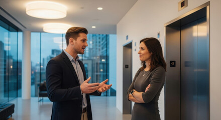 Two entrepreneurs having a serious discussion in a modern office lobby.