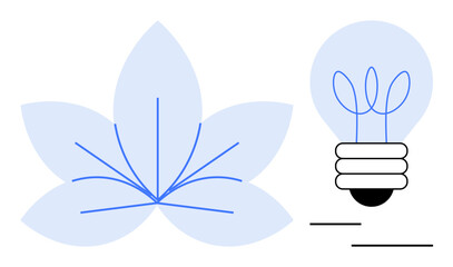 A blooming flower with branches connected to a light bulb and leaf filaments. Ideal for sustainability, innovation, green energy, eco-friendly design, growth, creativity, simplicity, simple flat