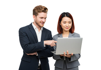 Obraz premium Professional male and female colleagues collaborating on a laptop in a modern business setting