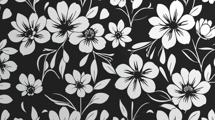 Elegant black and white floral pattern featuring stylized blossoms and leaves, repeating seamlessly.