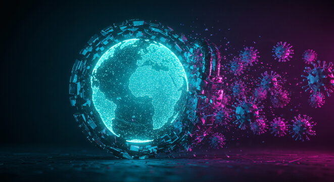 Abstract Digital Globe Surrounded by Coronavirus Particles, Representing Global Pandemic and Scientific Concepts