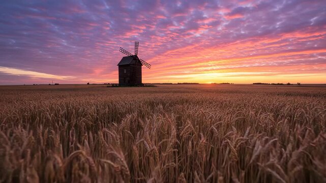 Stunning Wheat Field Sunset with Windmill and Vibrant Sky Time-Lapse