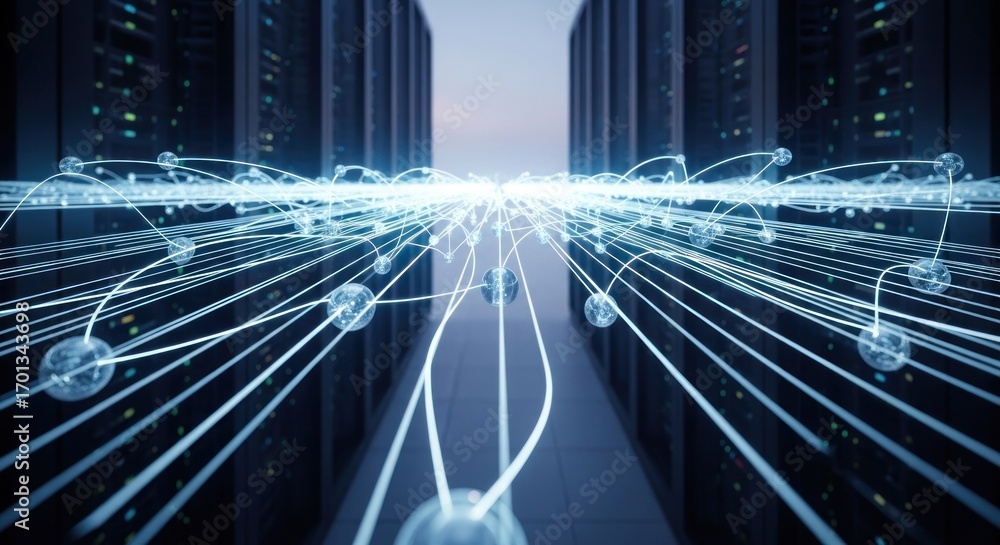 Aufkleber server room with glowing digital network lines flowing forward