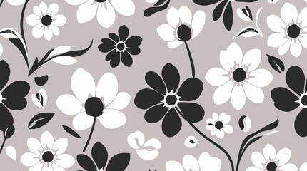 A repeating floral pattern featuring stylized black and white flowers and leaves on a grey background.