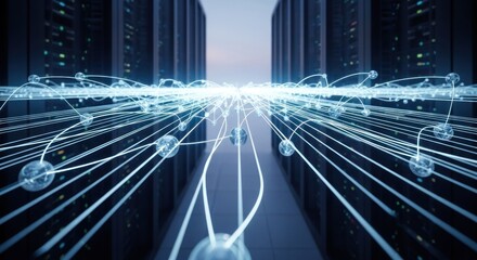 Server room with glowing digital network lines flowing forward