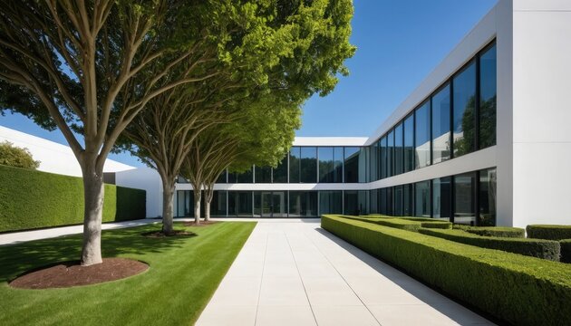 Courtyard of a Modern Building with Trees and Hedges