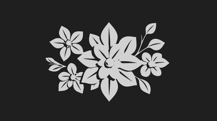 Stylized illustration of several white flowers and leaves against a dark background.