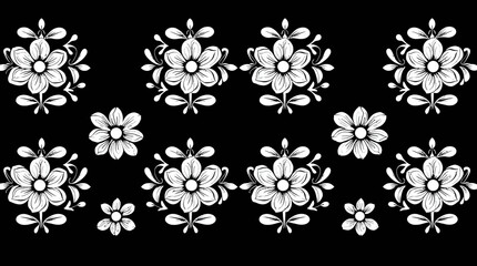 Black background featuring a repeating pattern of stylized white floral arrangements.
