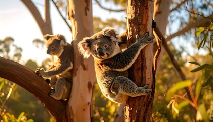 Two koalas in a tree at sunset