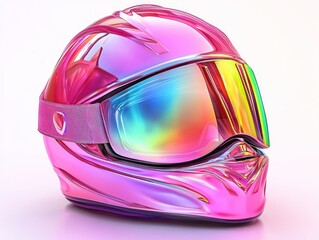 Shiny pink helmet with rainbow visor, reflective, on a neutral background
